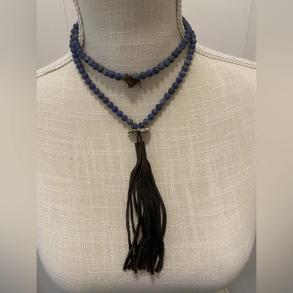 Matte Lapis Lazuli Necklace with Leather Tassel